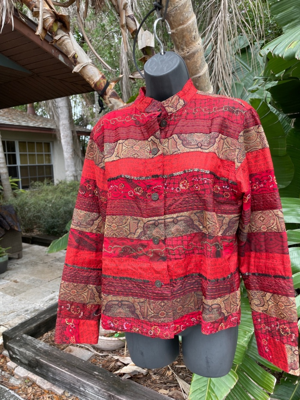 Chico’s brocade, Jacque, striped patchwork and sequin jacket